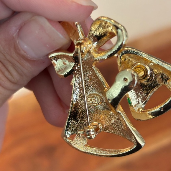 Christmas Brooch Pin Vintage Trembler Art Deco SFJ Bells White Red Green Enamel - Picture 5 of 5